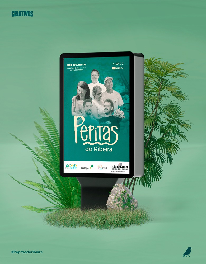 Totem digital com o cartaz da série documental Pepitas do Ribeira